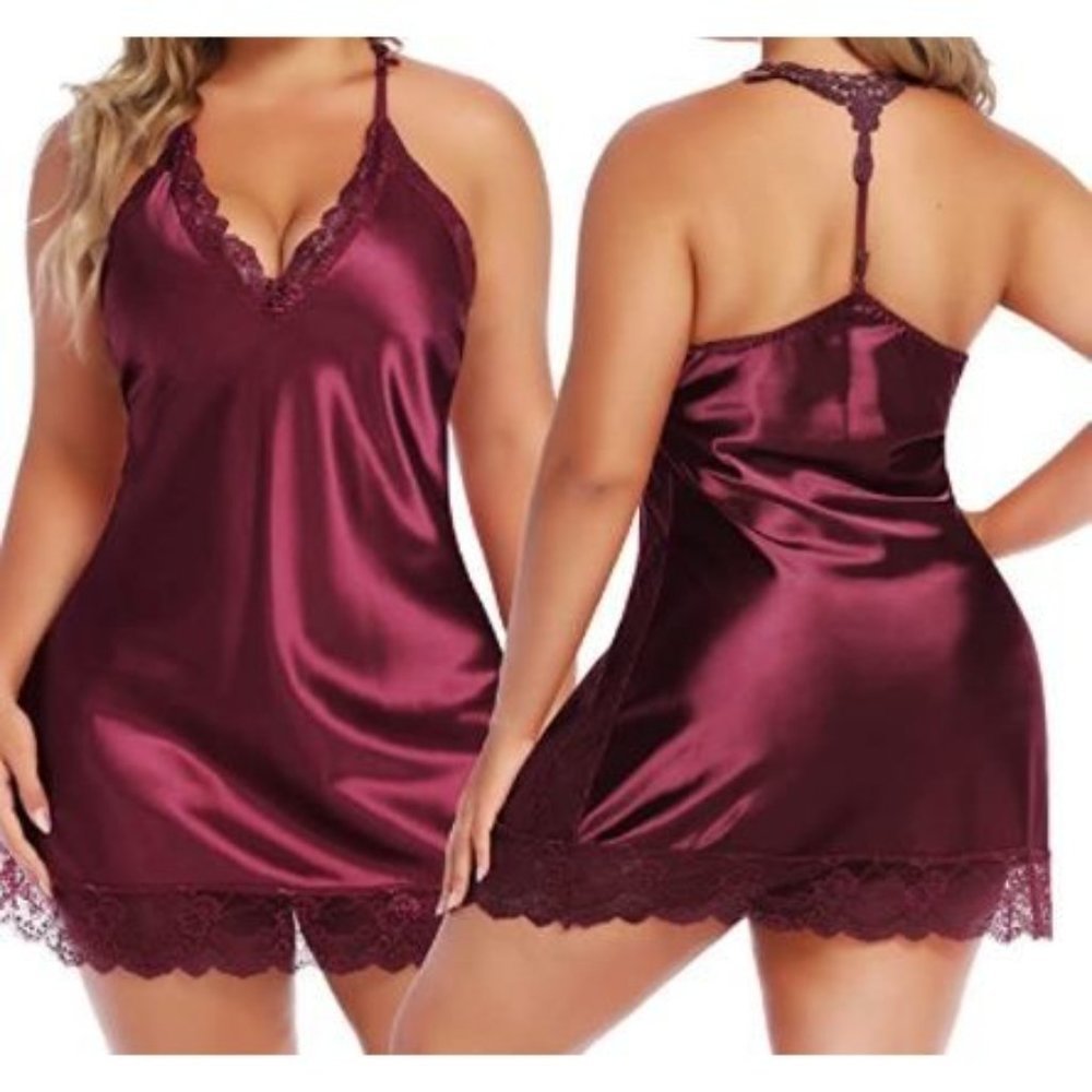 SIZE Small thru 4X - Wine Satin Chemise - Picture 2 of 3
